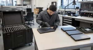 Technician scans a laptop next to a case of laptops and a tray of computer parts.