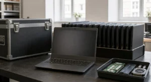 Secure IT asset recovery intake with used business computers sorted for reuse, data handling and recycling.
