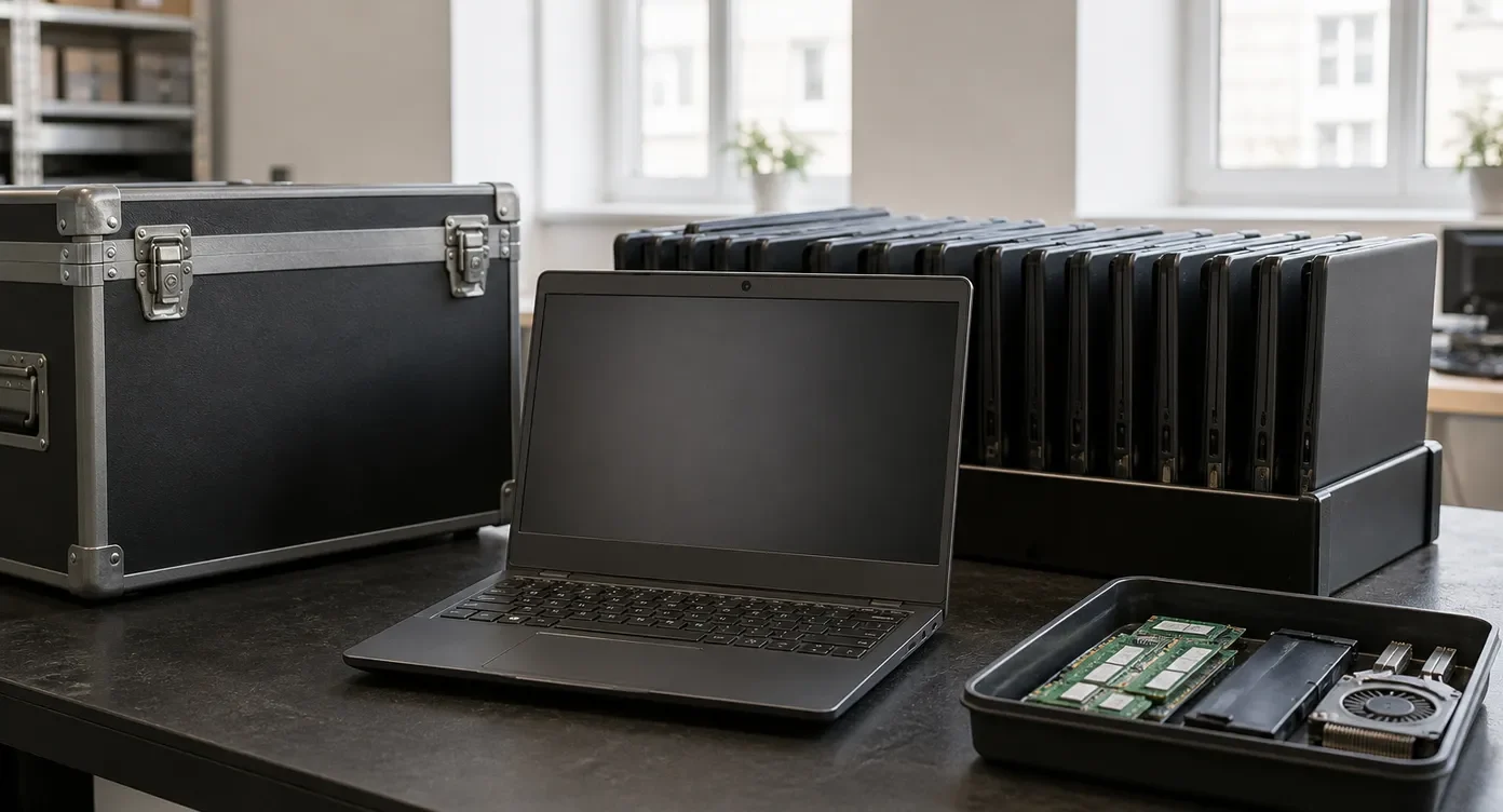 Secure IT asset recovery intake with used business computers sorted for reuse, data handling and recycling.